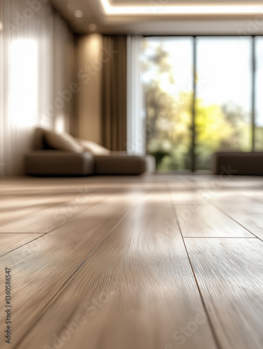 Laminate flooring, in light shades of wood, is in the centre of attention, with blurred interior elements in light shades in the background