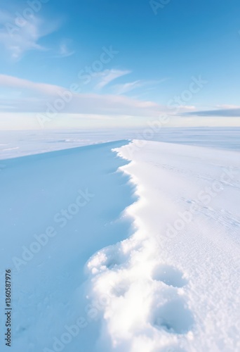 A pristine, untouched snowdrift in a vast, powdery winter landscape, empty, field