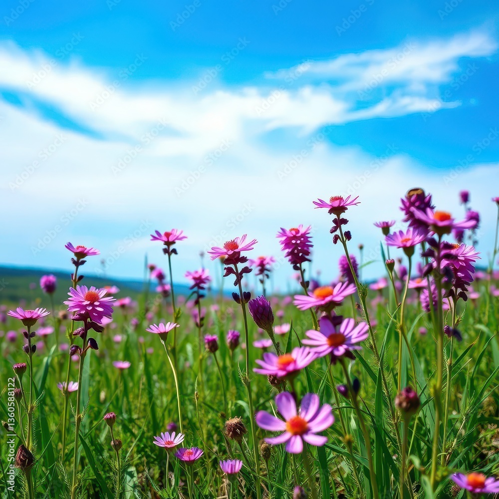 A tranquil landscape of purple and pink wildflowers blooming under a vibrant blue sky, natural, countryside, blue sky A tranquil landscape of purple and pink wildflowers blooming under a vibrant blue sky, natural, countryside, blue sky