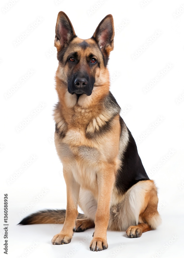 German Shepherd Dog Sitting on White Background with Alert Expression German Shepherd Dog Sitting on White Background with Alert Expression