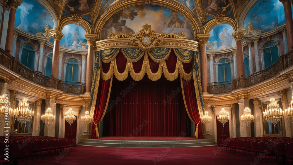 Fototapeta premium A grand ballroom awaits, draped in rich velvet and gold, ready for a royal ball or a majestic performance under the glow of magnificent chandeliers.