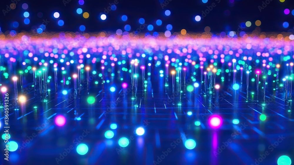 Obraz premium Bright light pulses travel through bundles of abstract optical fibers, ensuring swift data transmission for high-speed internet. A 3D depiction of modern technology and connectivity