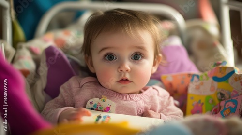 Baby girl in stroller, curious expression
