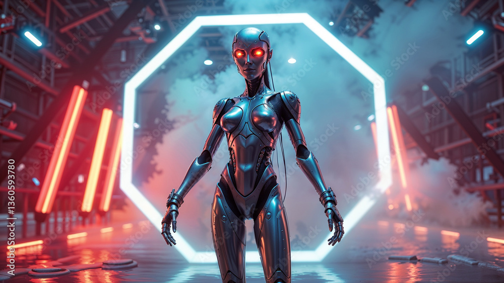 Fototapeta premium A robot with glowing eyes stands in a neon environment in smoke