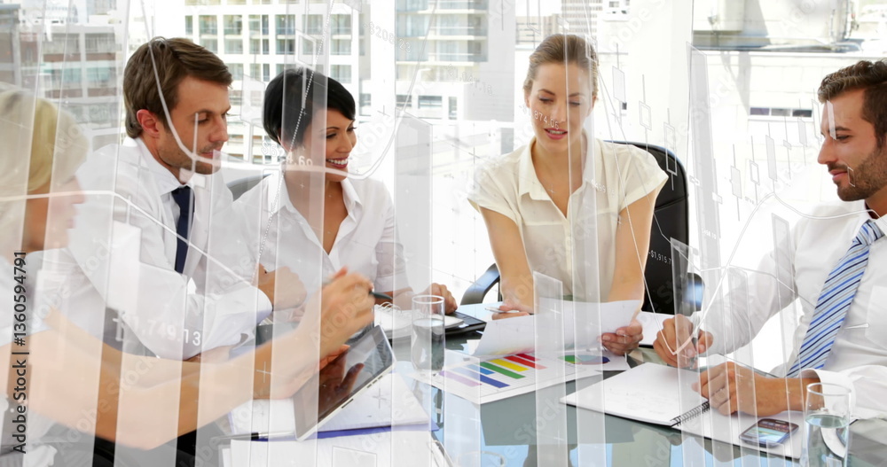 Collaborating in modern office, business team discussing documents and ideas around table Collaborating in modern office, business team discussing documents and ideas around table
