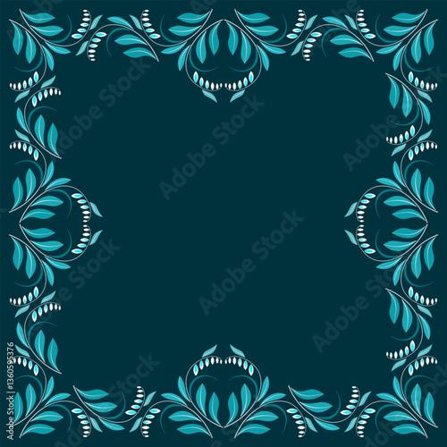 Wild flowers square frame without text. Bright shades of sea blue colors. Square monochrome floral kaleidoscope design element. Dark vector mosaic tile background