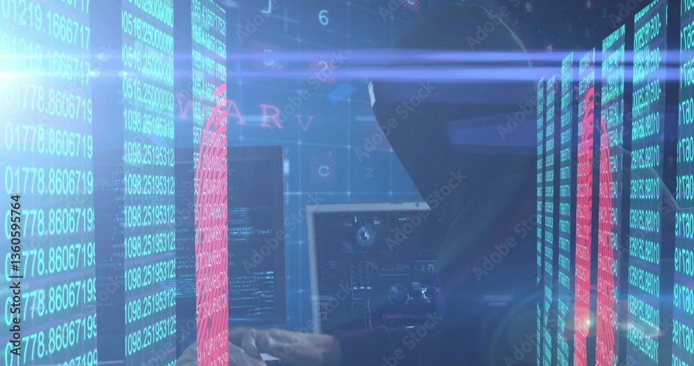 Obraz premium Hacker in dark room typing on keyboard surrounded by digital code screens