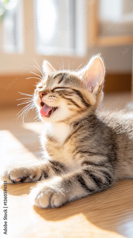 Fototapeta premium Adorable Tabby Kitten Yawning in Sunlight