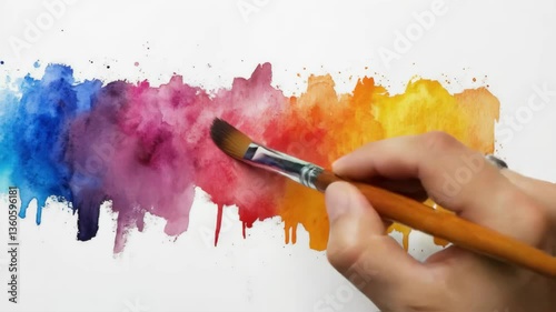A hand deftly wields a paintbrush, applying vibrant colors to a blank canvas, creating a beautiful watercolor effect of overlapping hues and droplets that captures the artistic process.