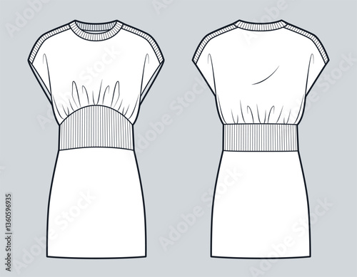 Casual Dress Technical Fashion Illustration. Sweater Mini Dress fashion flat technical drawing template, front and back view, white, ribbed, women Dress CAD mockup.