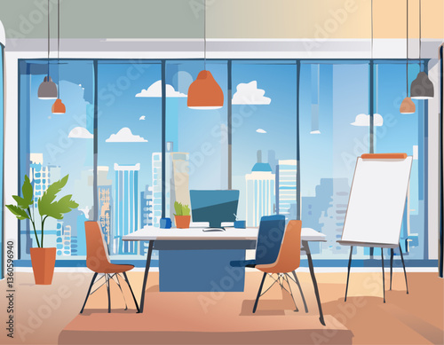 A detailed pixel art illustration showcasing a conference room featuring a large table surrounded by several chairs, emphasizing workplace design elements