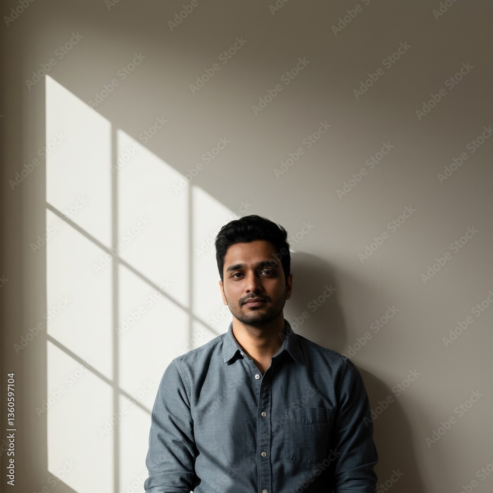 Obraz premium Portrait of a Man in Natural Light, Highlighting Calmness and Serenity in a Minimalistic Space
