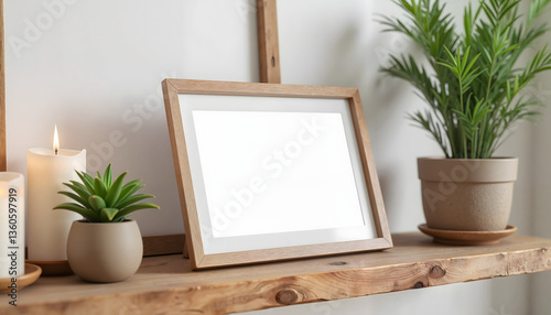Close-up of a digital photo frame on a rustic wooden shelf with plants and candles