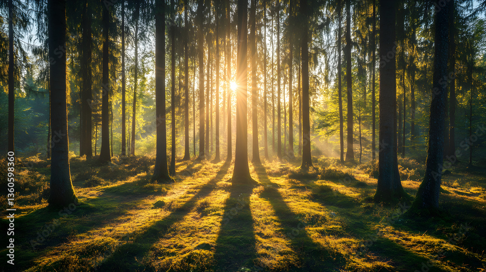 Fototapeta premium The bright rays of the morning sun shine through the branches of tall trees, casting long shadows on the forest floor and creating a peaceful beginning to the day