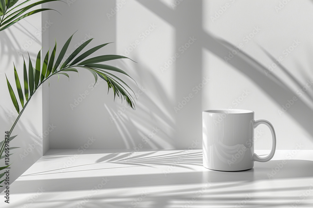 Stylishly minimalist coffee mug featuring tropical shadows and a serene aesthetic appeal