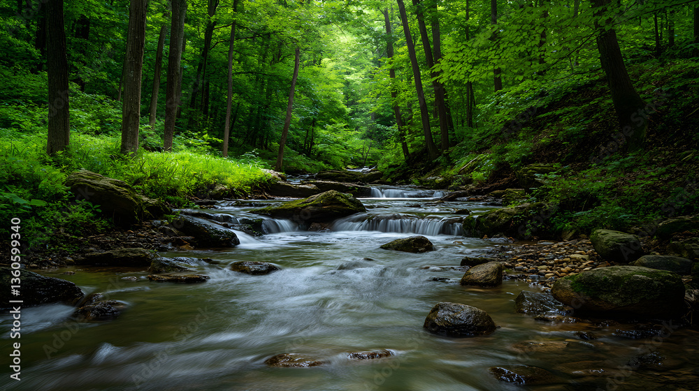 The quiet flow of a stream through a dense forest creates a soothing atmosphere, as the gentle sound of water flowing over rocks fills the air with serenity The quiet flow of a stream through a dense forest creates a soothing atmosphere, as the gentle sound of water flowing over rocks fills the air with serenity