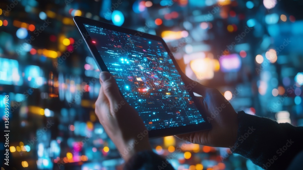 Obraz premium A close-up view shows a hand grasping a tablet with a screen displaying OTT audience engagement data, live ad placements, and insights into programmatic buying and OTT ad engagement