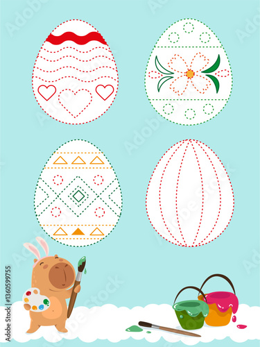 Easter writing practice with cute capybara. Easter eggs drawing. Education developing worksheet. Activity page.