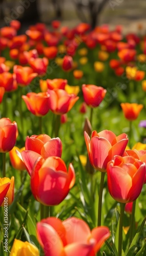 Vibrant pink, orange, and yellow tulips bloom in a sunlit meadow, beauty, vibrant, sunshine
