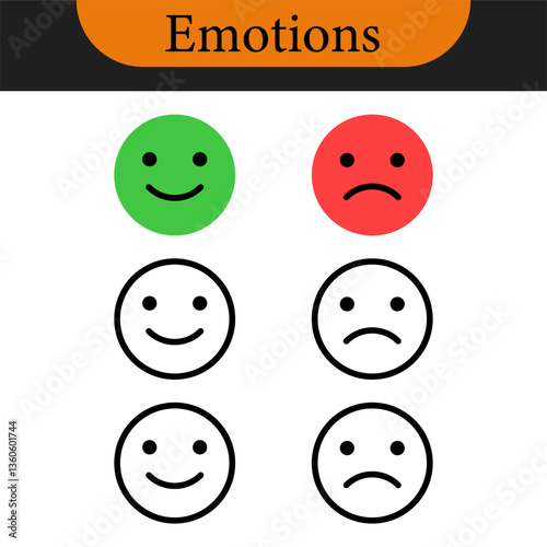 Happy and sad emoji, feedback rating emoticons - smiley face icon set: positive and negative emojis with red and green colors for customer satisfaction rating. Vector color set