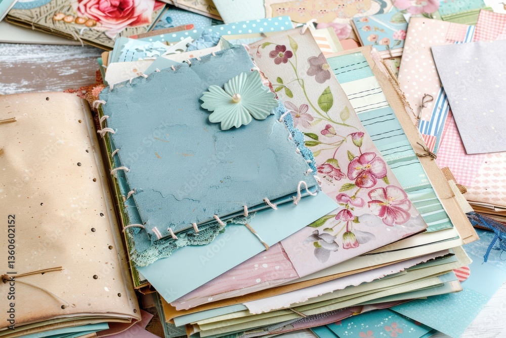 Detailed scrapbooking materials arranged on a table with a vintage feel, showcasing handmade decorative elements and various textured papers Detailed scrapbooking materials arranged on a table with a vintage feel, showcasing handmade decorative elements and various textured papers