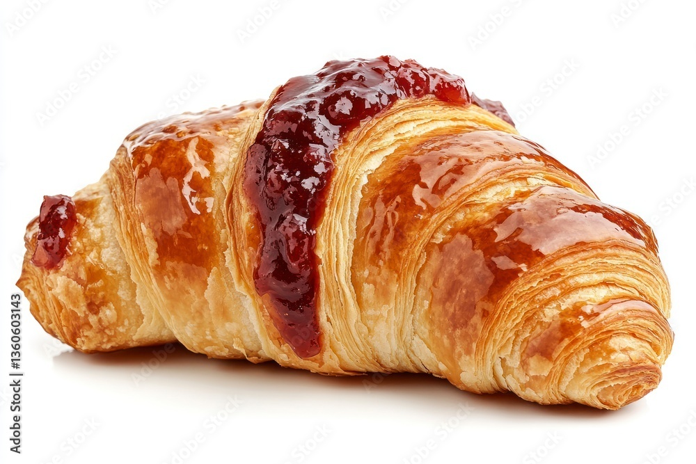 Delicious Croissant Topped with Sweet Red Jam on White Background Delicious Croissant Topped with Sweet Red Jam on White Background