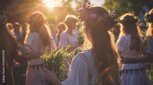 A Scandinavian midsummer celebration with floral crowns and maypole dancing.


