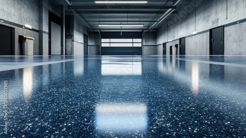 industrial interior with polished floor  concrete walls and dark doors in a spacious corridor