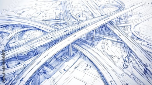 architectural sketch of a complex highway interchange featuring several overpasses and ramps