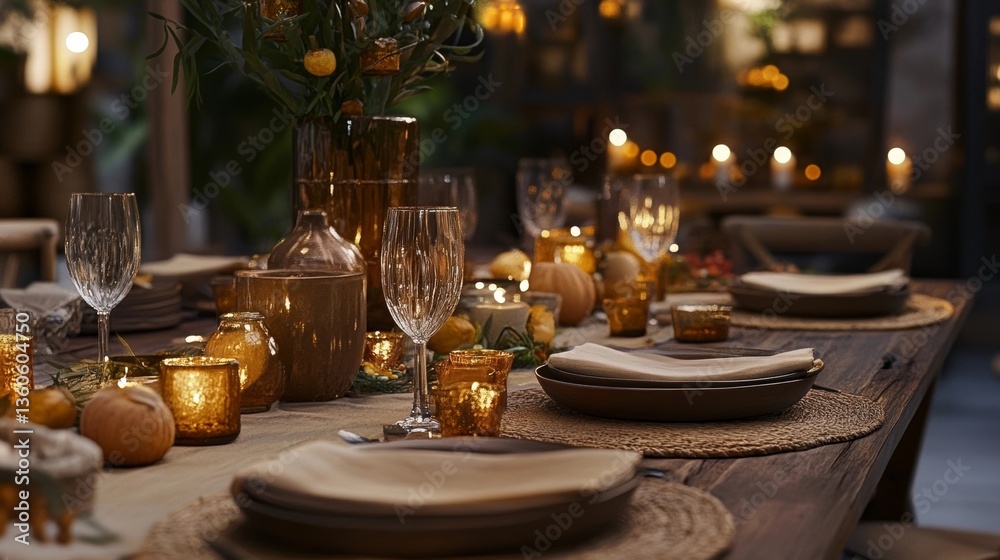 Naklejka premium a warmly lit thanksgiving table setting featuring elegant glassware and golden accents
