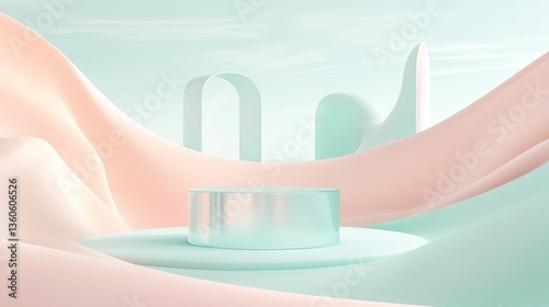 A surreal 3D pastel landscape where soft dunes in blush pink and mint green curve around elegant, smooth arches. The minimalist podium, crafted from translucent materials. photo