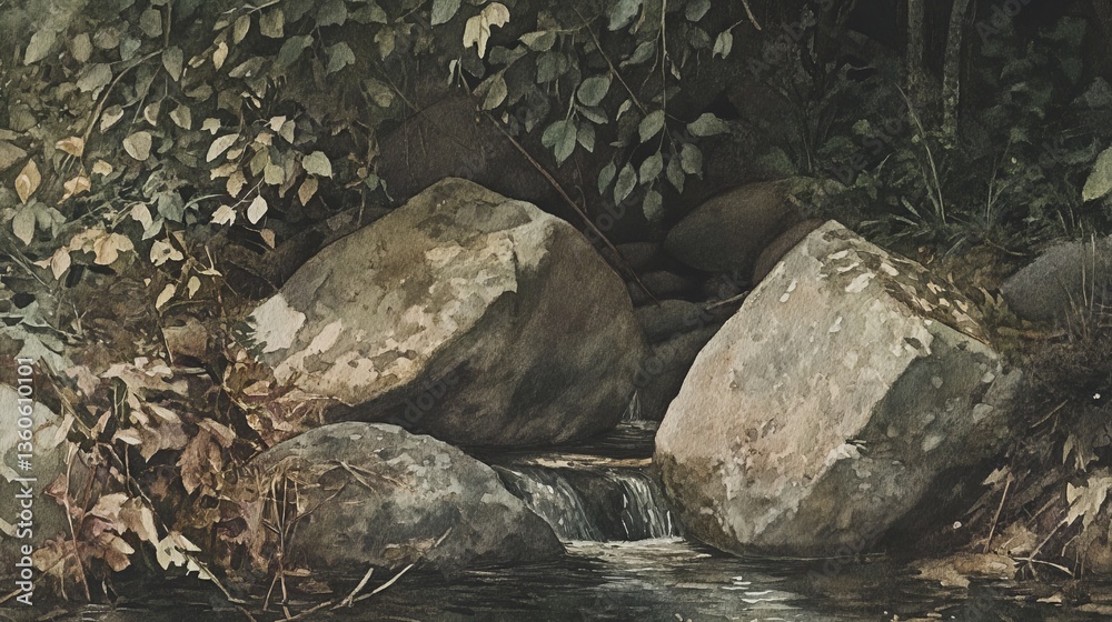 The scene depicts a peaceful landscape where a transparent stream flows gently among jagged, weathered boulders, bathed in soft, warm sunlight, with meticulous photorealistic detail The scene depicts a peaceful landscape where a transparent stream flows gently among jagged, weathered boulders, bathed in soft, warm sunlight, with meticulous photorealistic detail