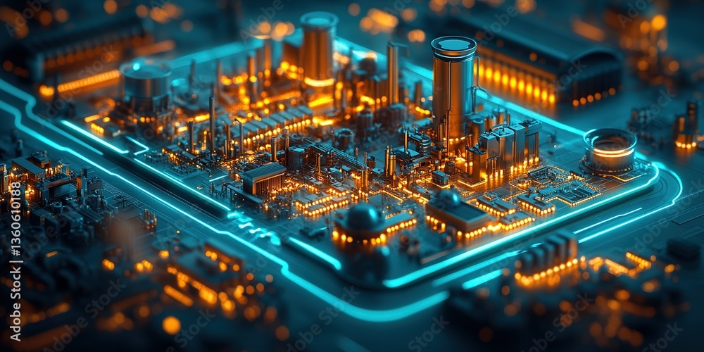 Fototapeta premium Futuristic cityscape with glowing technology at night showcasing industrial innovation and digital connectivity