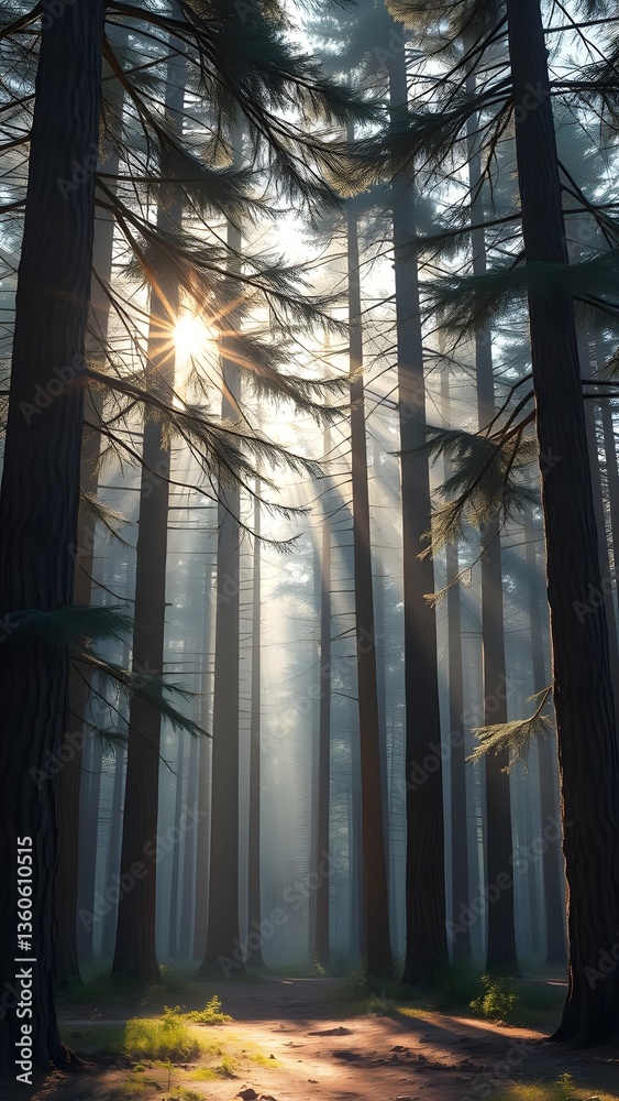Fototapeta premium Misty forest scene with sunlight filtering through trees, perfect for phone wallpaper. 