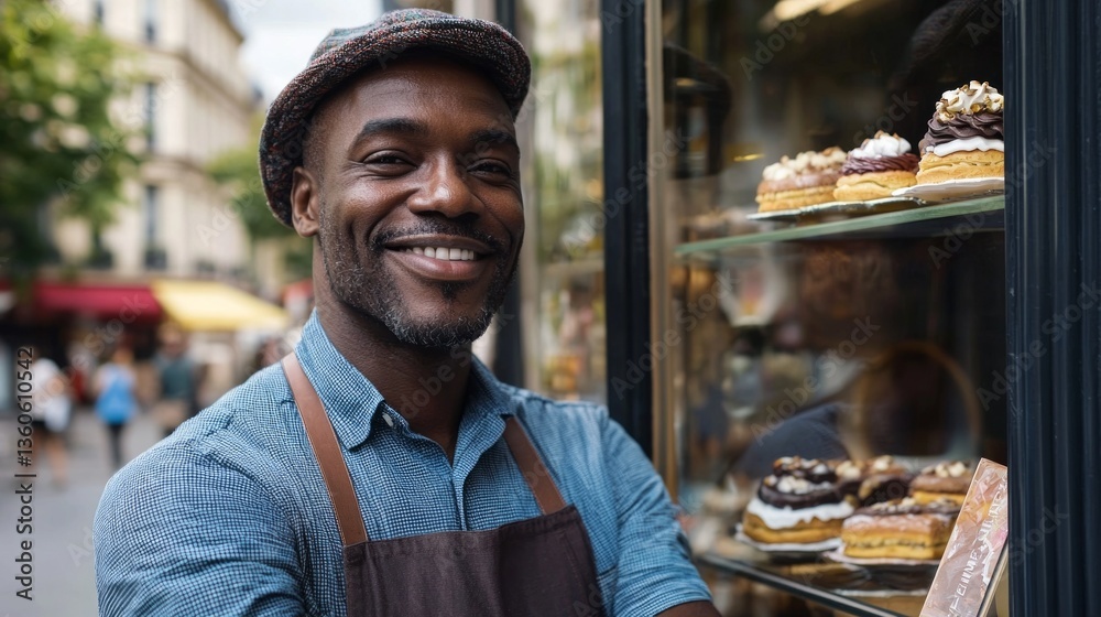 This image features a male baker or pastry chef standing behind a display case filled with pastries. He's smiling and appears proud of his creations. This image features a male baker or pastry chef standing behind a display case filled with pastries. He's smiling and appears proud of his creations.