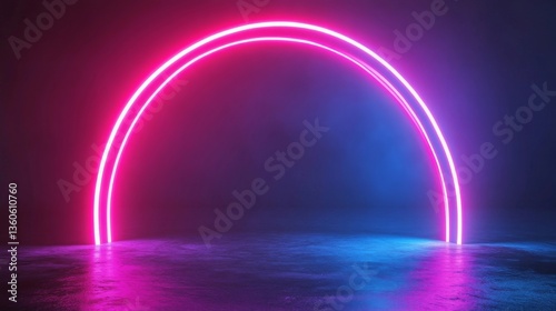 glowing semi-circular neon lights casting reflections on a dark, textured, two-toned surface photo