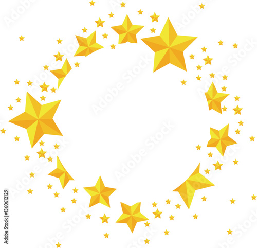 Postcard with golden stars. Frame with a volumetric five-pointed star. Vector illustration.
