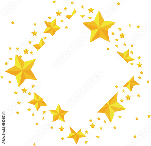Postcard with golden stars. Frame with a volumetric five-pointed star. Vector illustration.