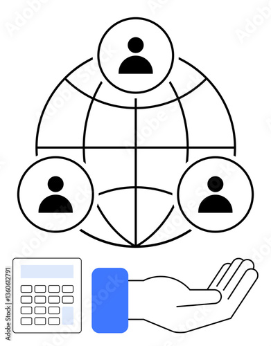Hand under a network of three user icons in a globe design, with a calculator symbolizing connections, teamwork, financial support, and global collaboration. Ideal for teamwork, collaboration