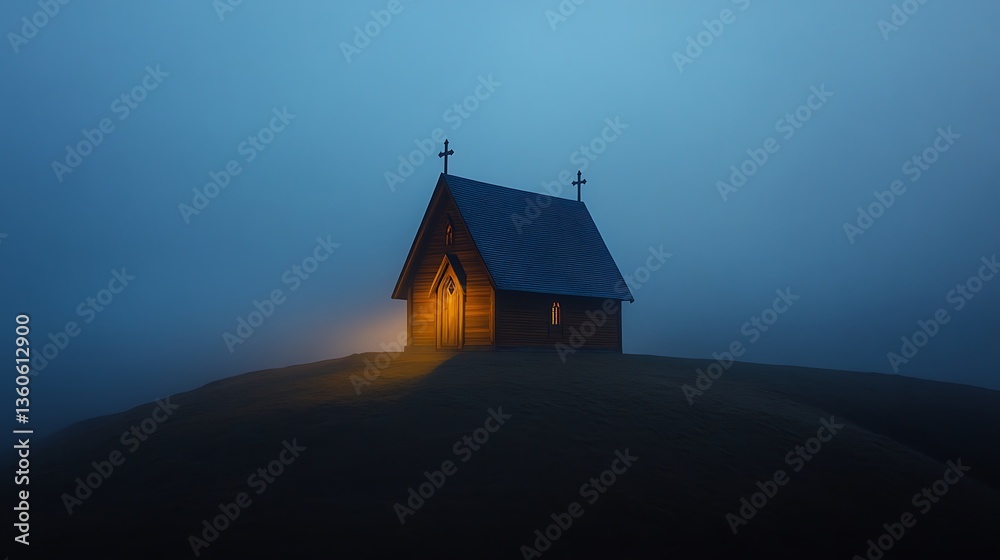 Fototapeta premium A solitary wooden church illuminated in a foggy landscape at dusk.