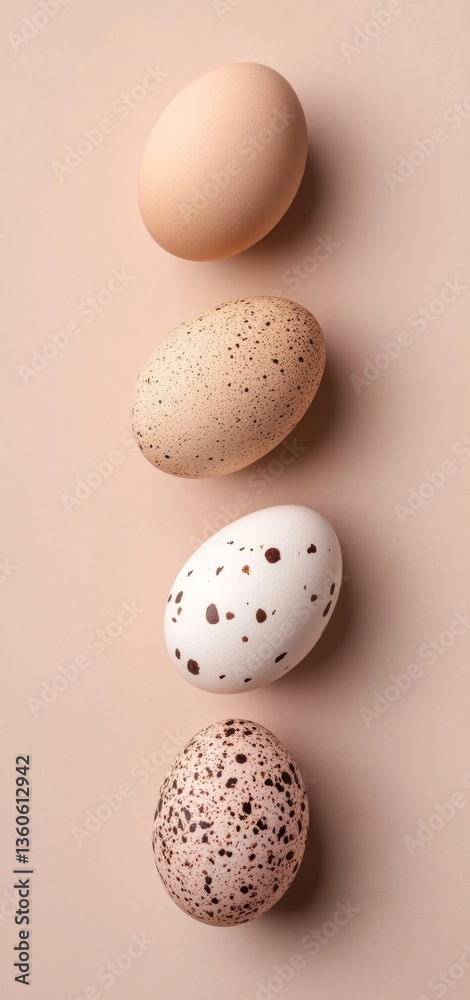 Variety of eggs arranged in a row on a neutral background showcasing different colors and patterns in an artistic display Variety of eggs arranged in a row on a neutral background showcasing different colors and patterns in an artistic display