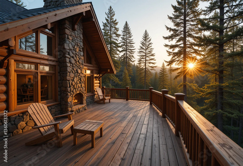 Rustic mountain cabin with a large wooden deck overlooking a dense forest. Stone chimney and log walls. Wooden Adirondack chairs on the deck.