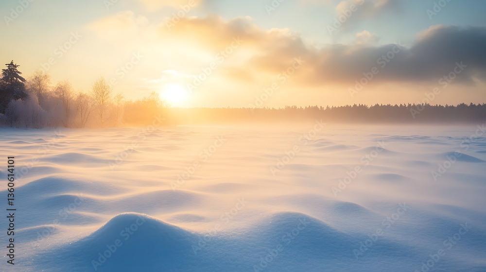 Fototapeta premium Snowy Landscape at Sunrise with Foggy Trees and Hills