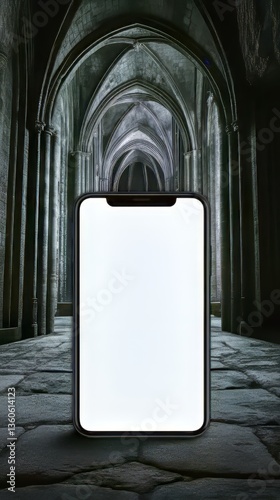 Modern phone in a medieval, gothic architectural hallway with repeating arches and stone flooring.