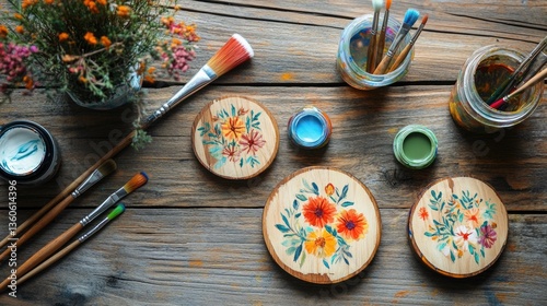 A flat-lay display of a Mother's Day DIY project featuring hand-painted wooden coasters with floral motifs