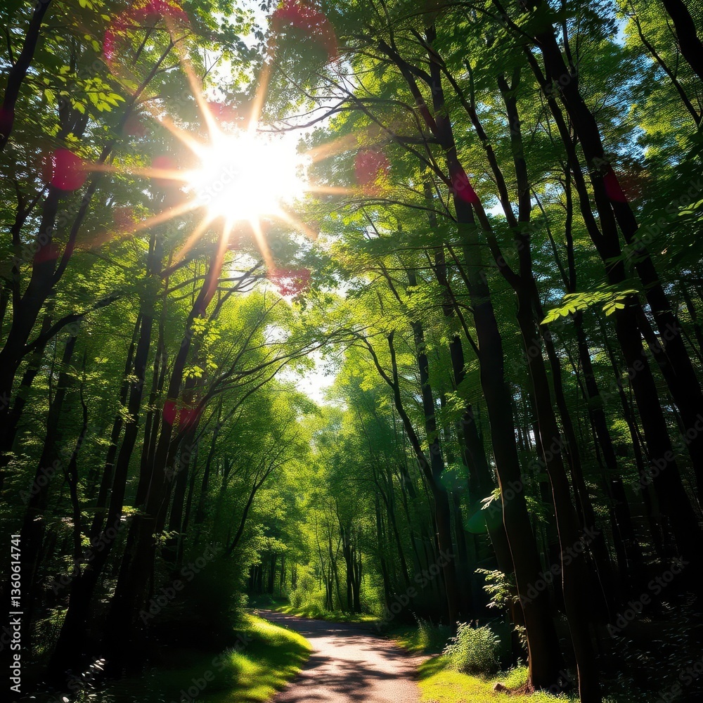 Obraz premium Sun-dappled forest path, lush green canopy overhead, design, tranquil