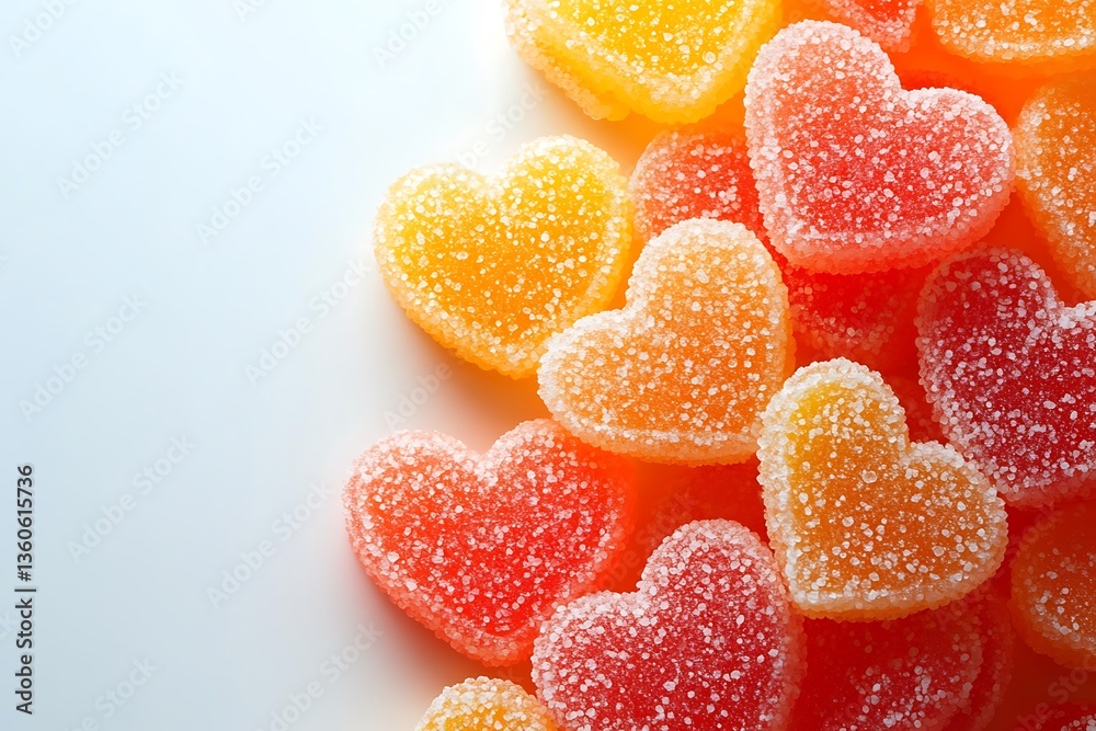 Colorful sugary heart shaped candies arranged on a white surface Colorful sugary heart shaped candies arranged on a white surface