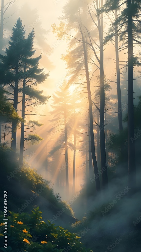 Obraz premium Enchanting forest scene with sunlight and mist, ideal for phone wallpaper. 