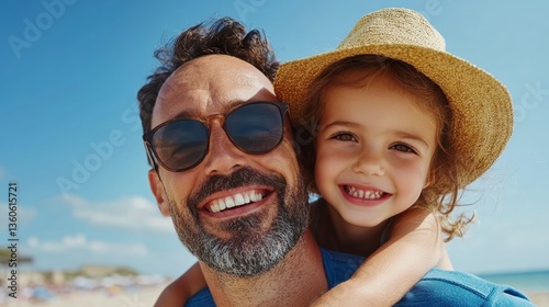 A man and a young girl enjoying a sunny day at the beach with a smiling family moment captured.
