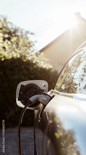 A contemporary electric car plugged into a charging station at a small town parking lot